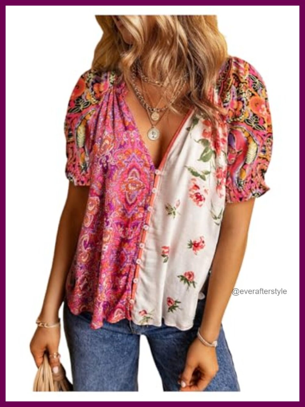 Boho Floral Button Down V Neck Blouse Short Sleeve Summer Top